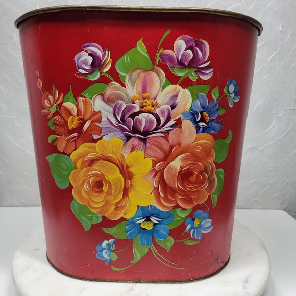 VTG Harvell Tolled Metal Trash Can 12" Red Floral Painted Oval MCM Wastebasket - Picture 13 of 16